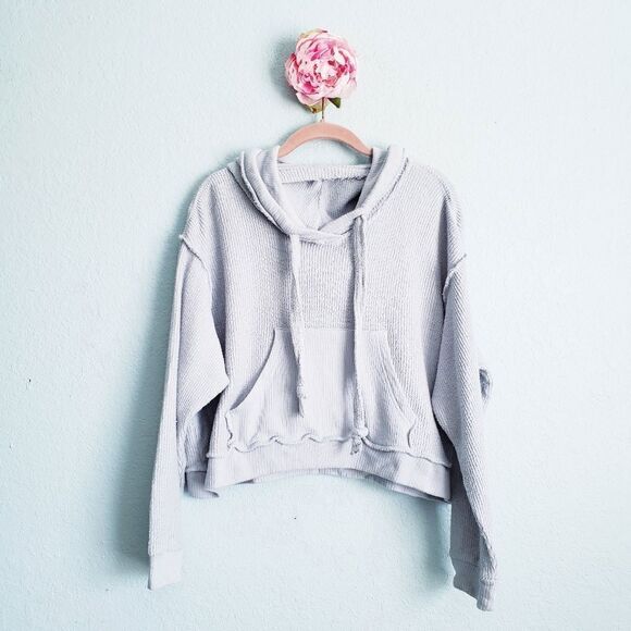 Vintage Havana Tops - Vintage Havana Blue Ribbed Cropped Hoodie with Open Back